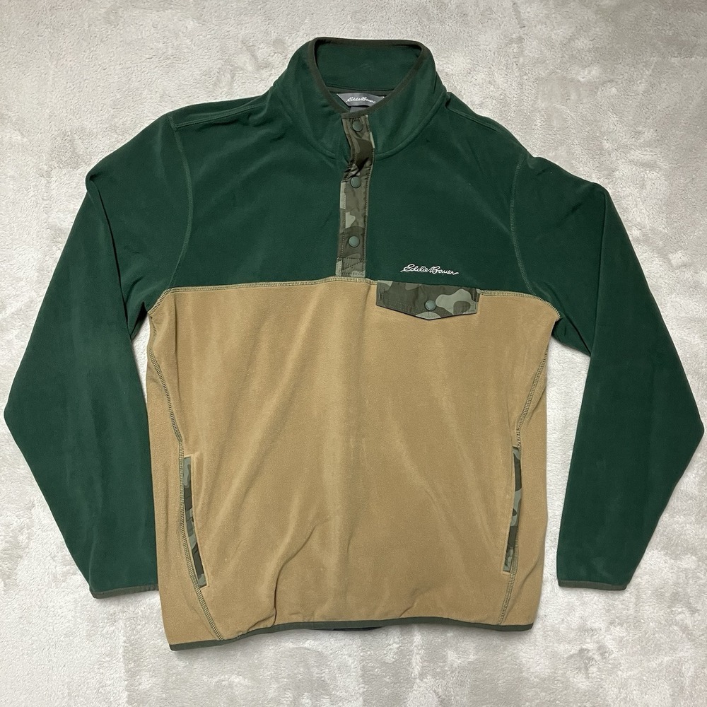 Eddie Bauer Fleece Pullover Sweater Mens Large Brown Green‎ Button Snap Outdoor